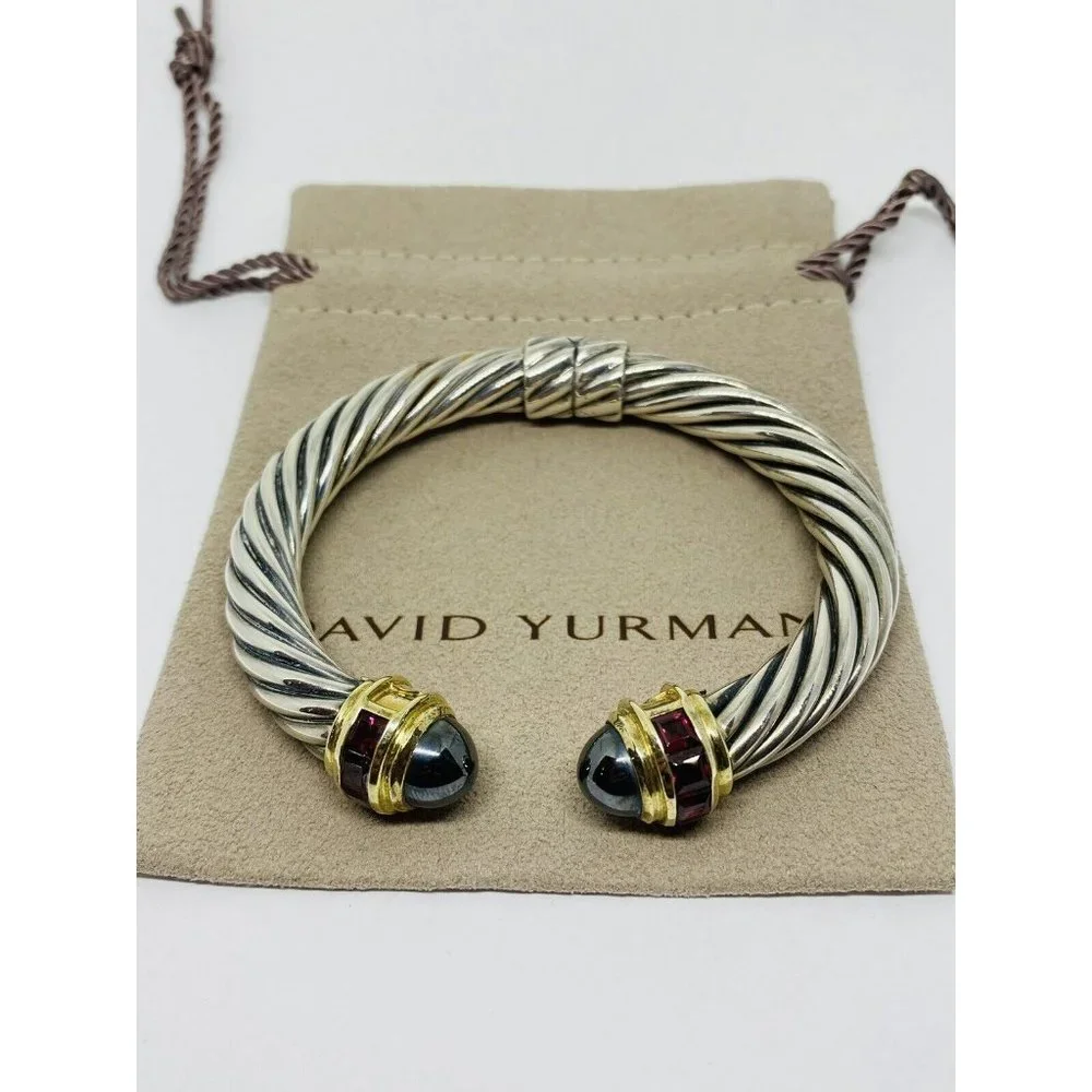 David Yurman 9.5mm Cable Hematite Pink Tourmaline L14K Gold Hinged  Bracelet 7” - Picture 9 of 9